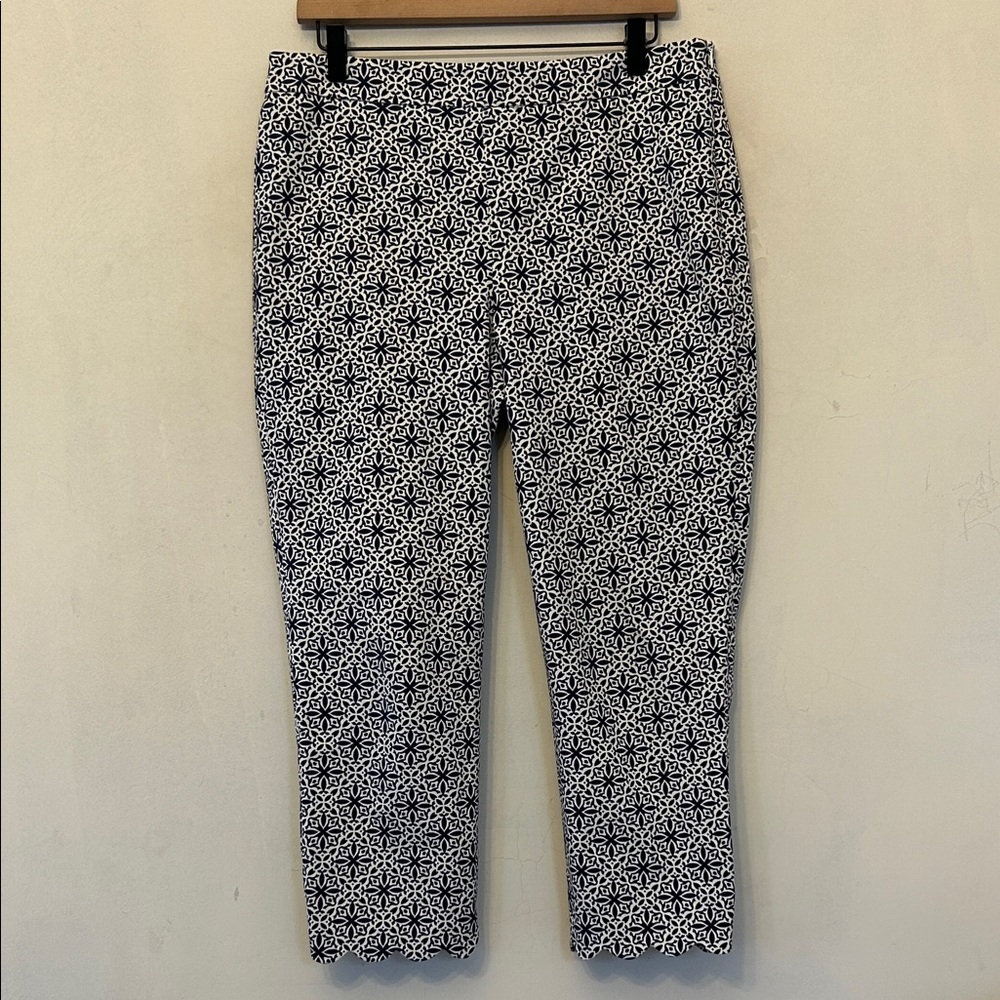 Talbots Cropped Navy Blue White Geometric Pattern Pants Size 10 EUC